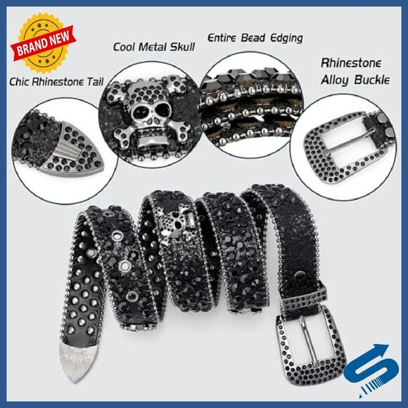 Rhinestone Studded Skull Belt Western Style Faux Leather 1.3\